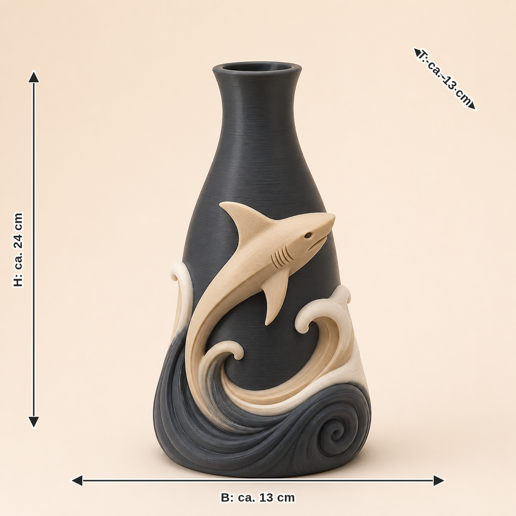 Maßbild für Hai-Trockenblumen-Vase Silhouettenvase: Breite ca. 13 cm, Tiefe ca. 13 cm, Höhe ca. 24 cm