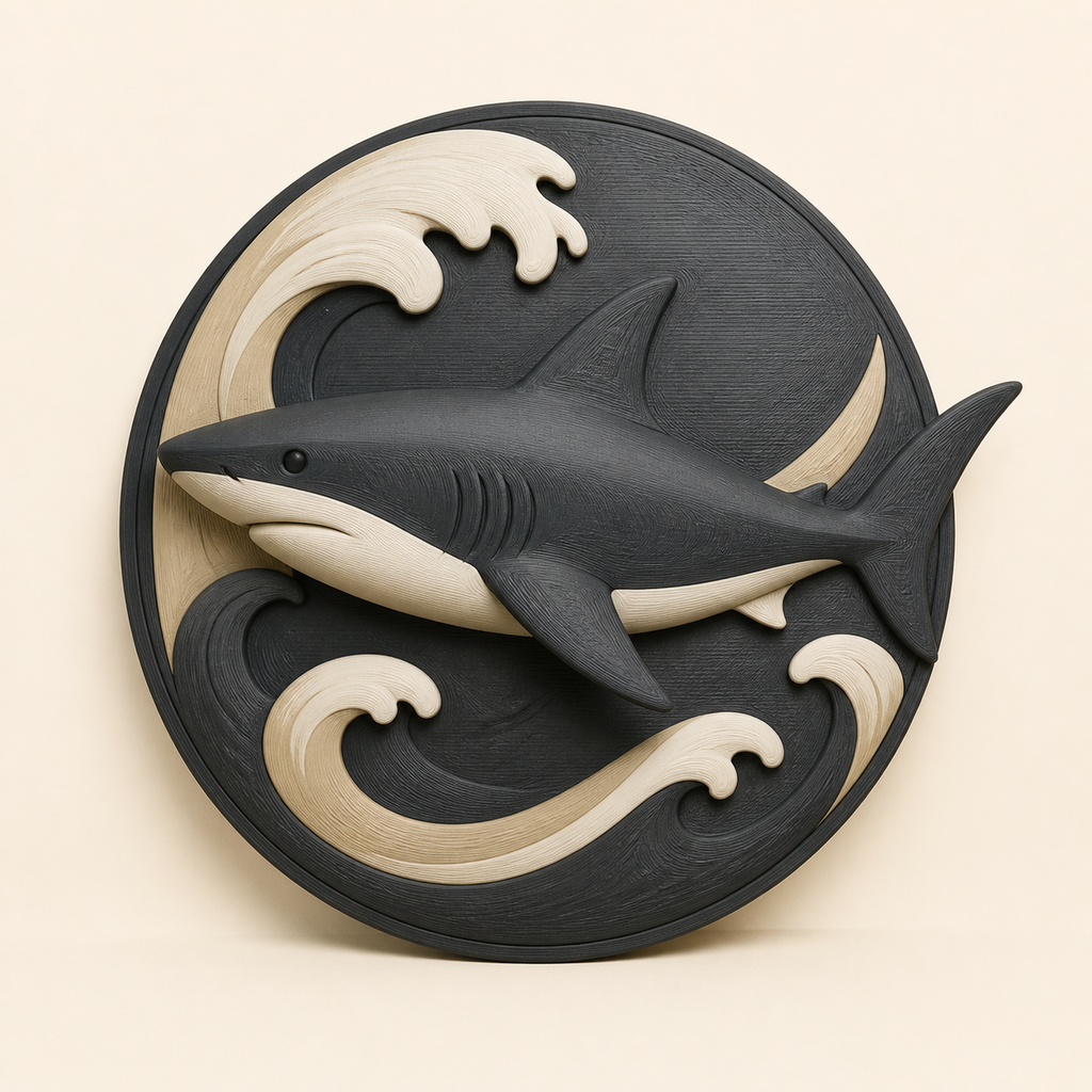Hai-Wandrelief Tierporträt aus 3D-gedrucktem PETG in Anthrazit, Sandbeige, Knochenweiß