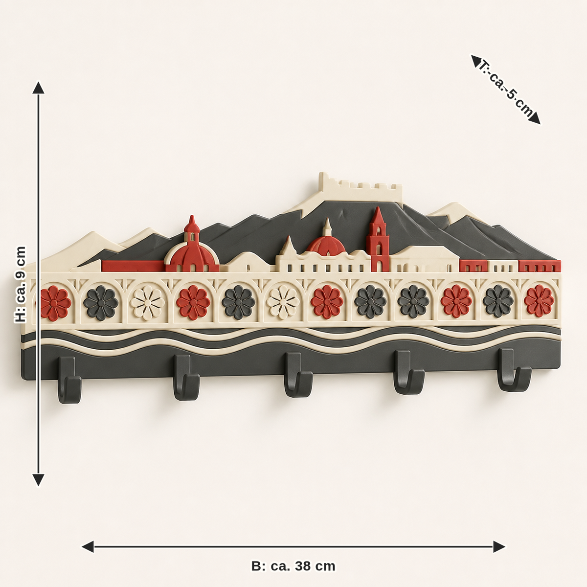 Dimensional image for hook bar Mirabellrosette – Salzburg: width approx. 38 cm, depth approx. 5 cm, height approx. 9 cm