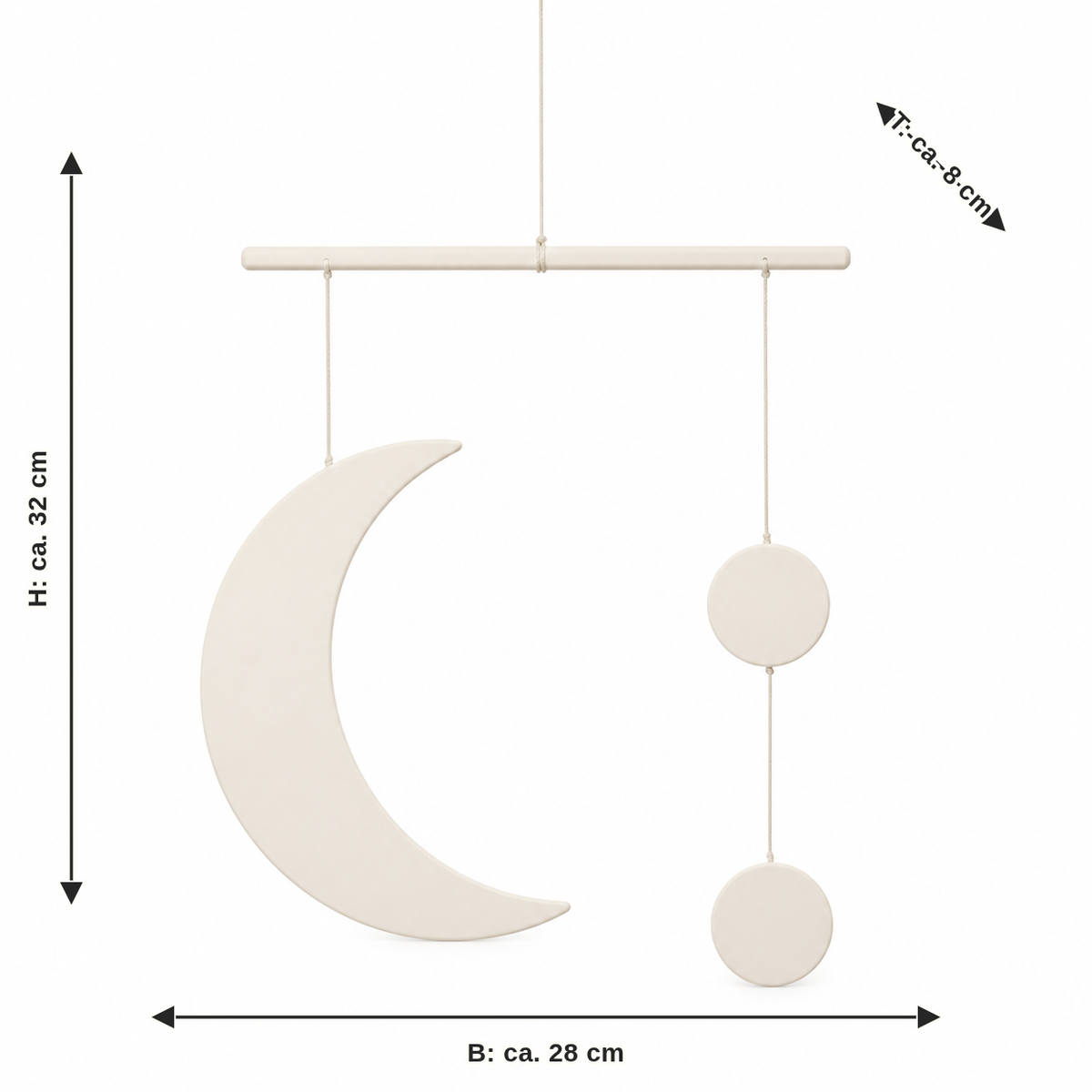Measurement for crescent-moon mobile in warm white: width approx. 28 cm, depth approx. 8 cm, height approx. 32 cm