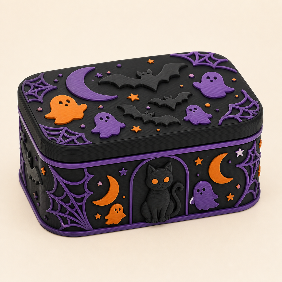 Halloween storage box in 3D printed PETG in black, Pumpkin orange, violet