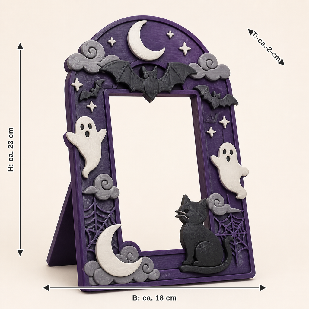 Dimensional image for Halloween photo frame Night portal: width approx. 18 cm, depth approx. 2 cm, height approx. 23 cm