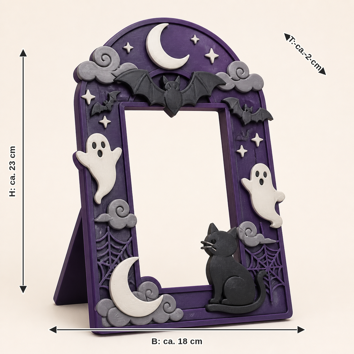 Dimensional image for Halloween photo frame Night portal: width approx. 18 cm, depth approx. 2 cm, height approx. 23 cm