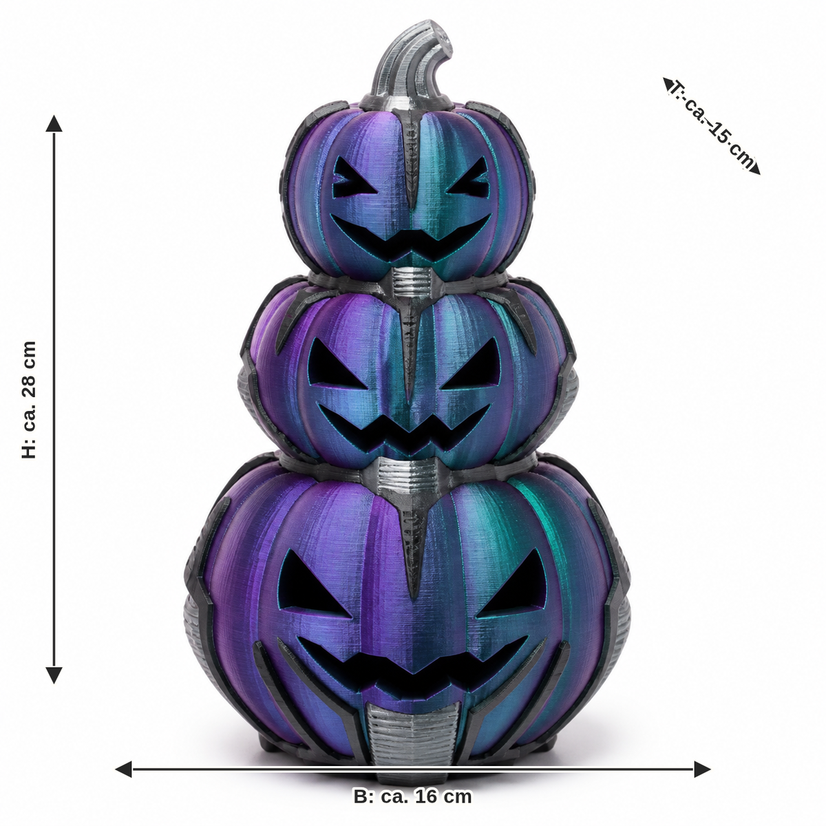Maßbild für Halloween-Deko mit drei Kürbisgesichtern: Breite ca. 16 cm, Tiefe ca. 15 cm, Höhe ca. 28 cm