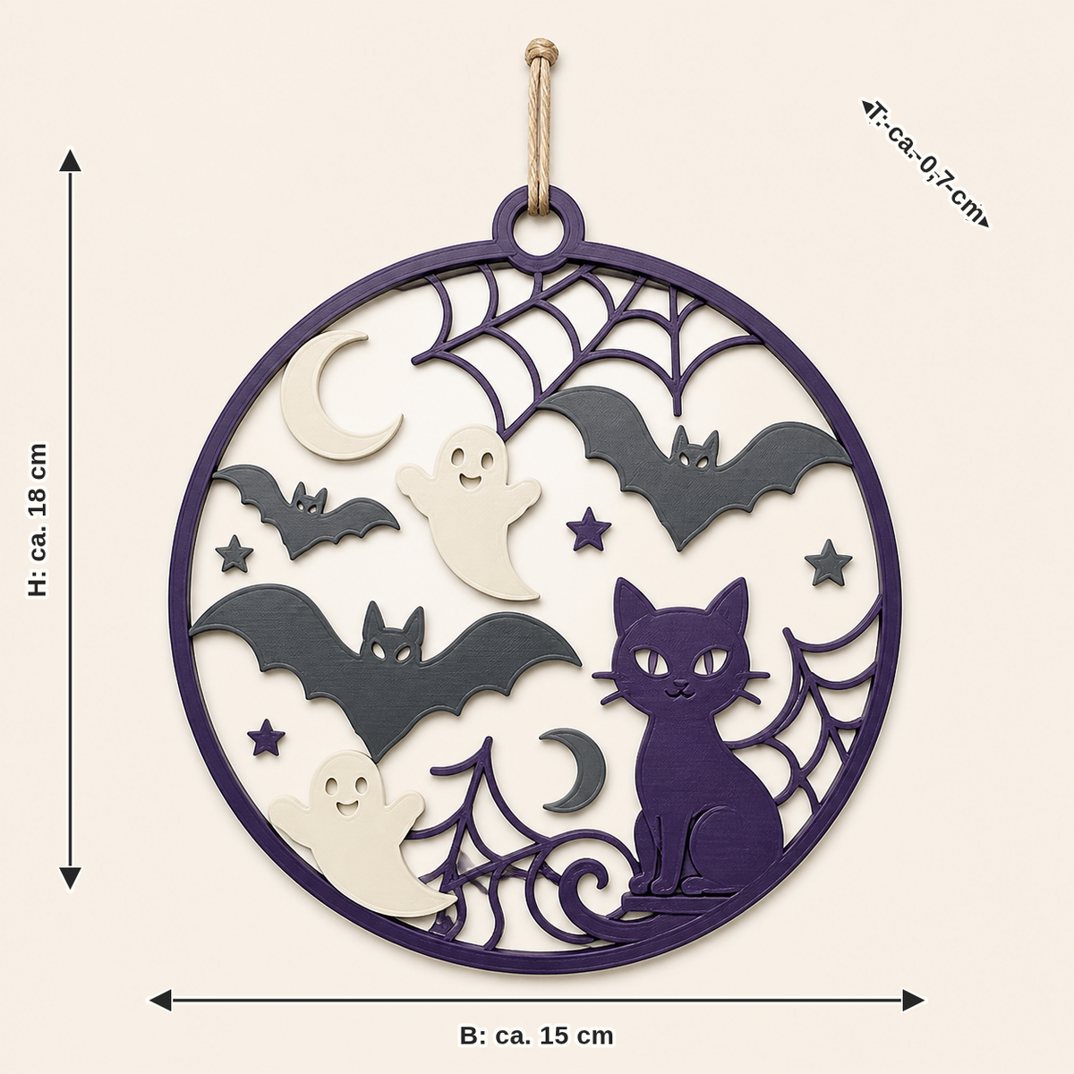 Dimensional picture for Halloween window ornament bat window: width approx. 15 cm, depth approx. 0.7 cm, height approx. 18 cm