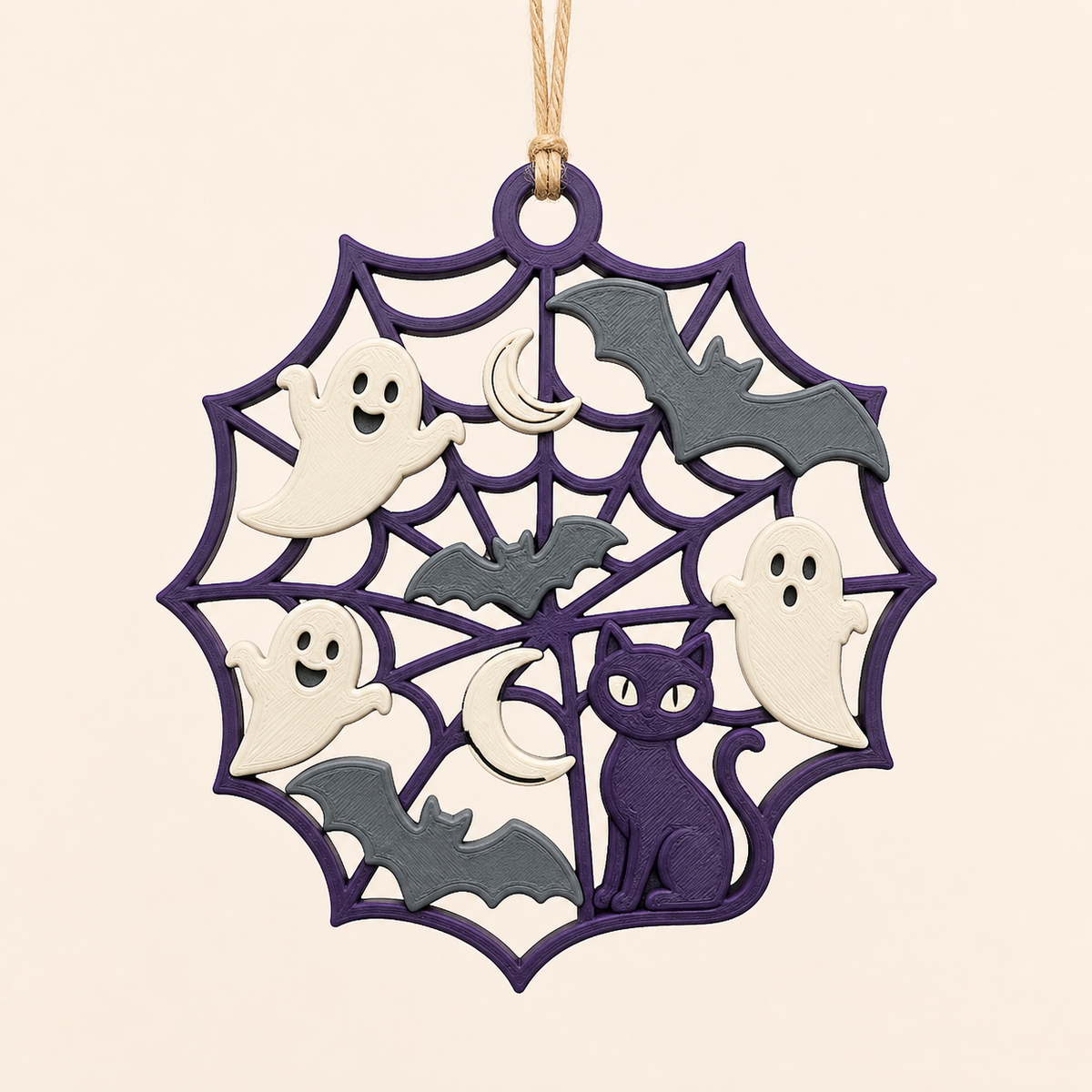 Halloween-hanging decoration Spidernet in 3D printed PETG in dark purple, grey, warm white