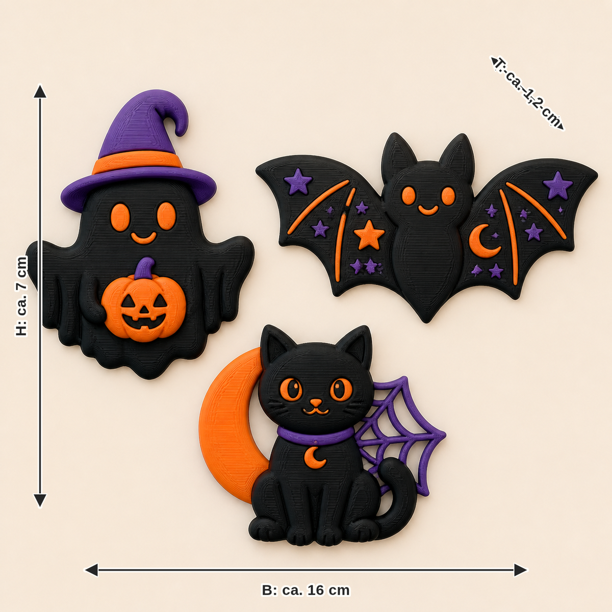 Dimensional image for Halloween magnet set spook trio: width approx. 16 cm, depth approx. 1.2 cm, height approx. 7 cm