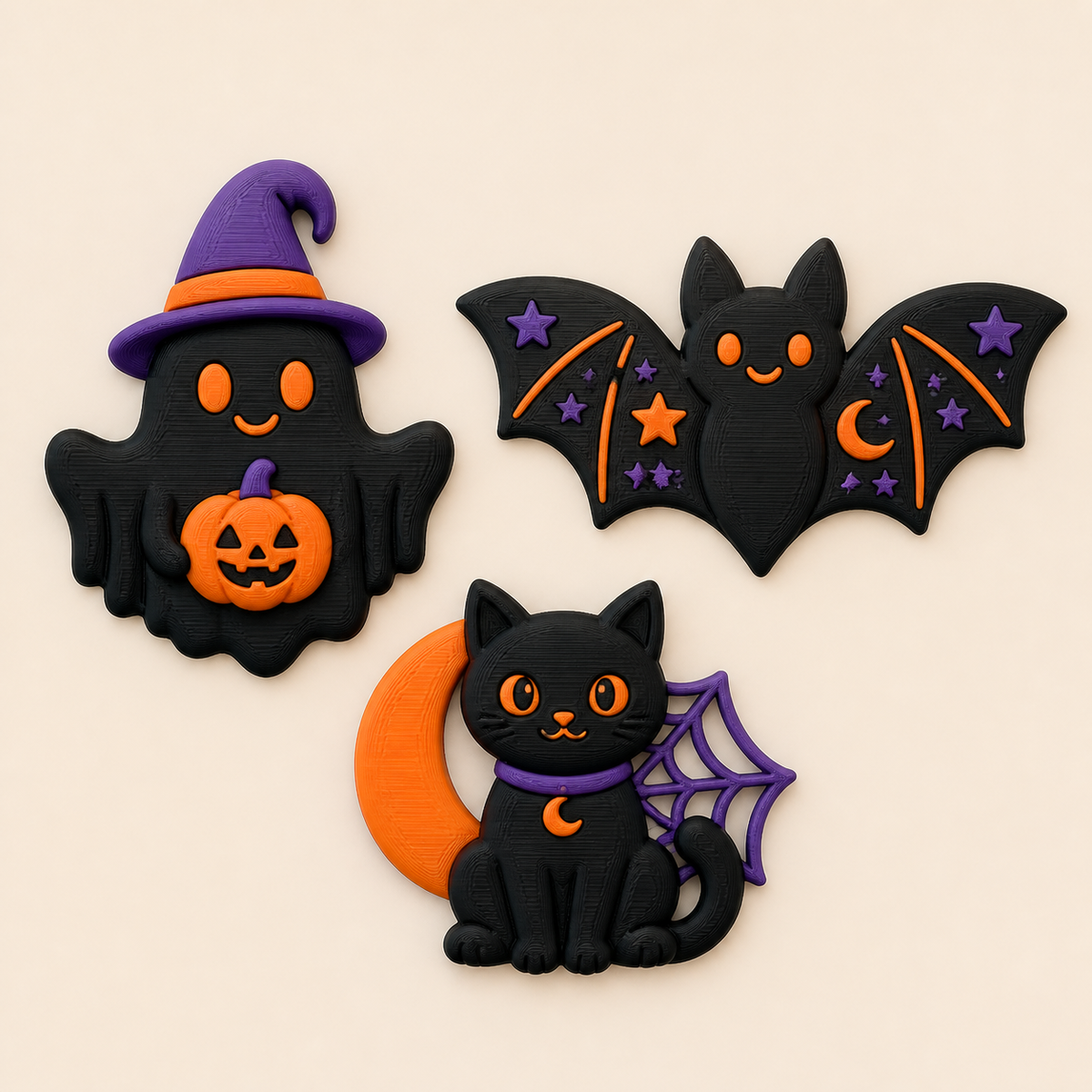 Halloween magnet set spook trio from 3D printed PETG in black, Pumpkin orange, violet