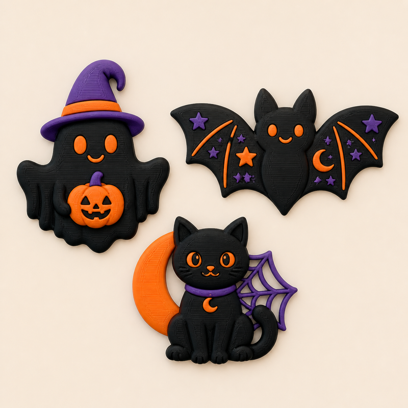 Halloween magnet set spook trio from 3D printed PETG in black, Pumpkin orange, violet