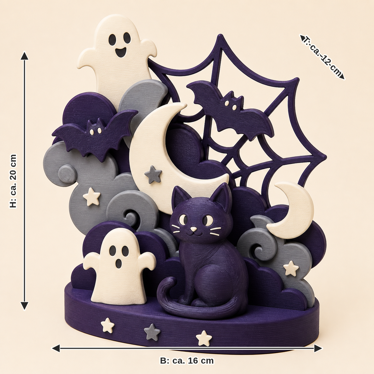 Dimensional image for Halloween mini sculpture Ghost Night: width approx. 16 cm, depth approx. 12 cm, height approx. 20 cm