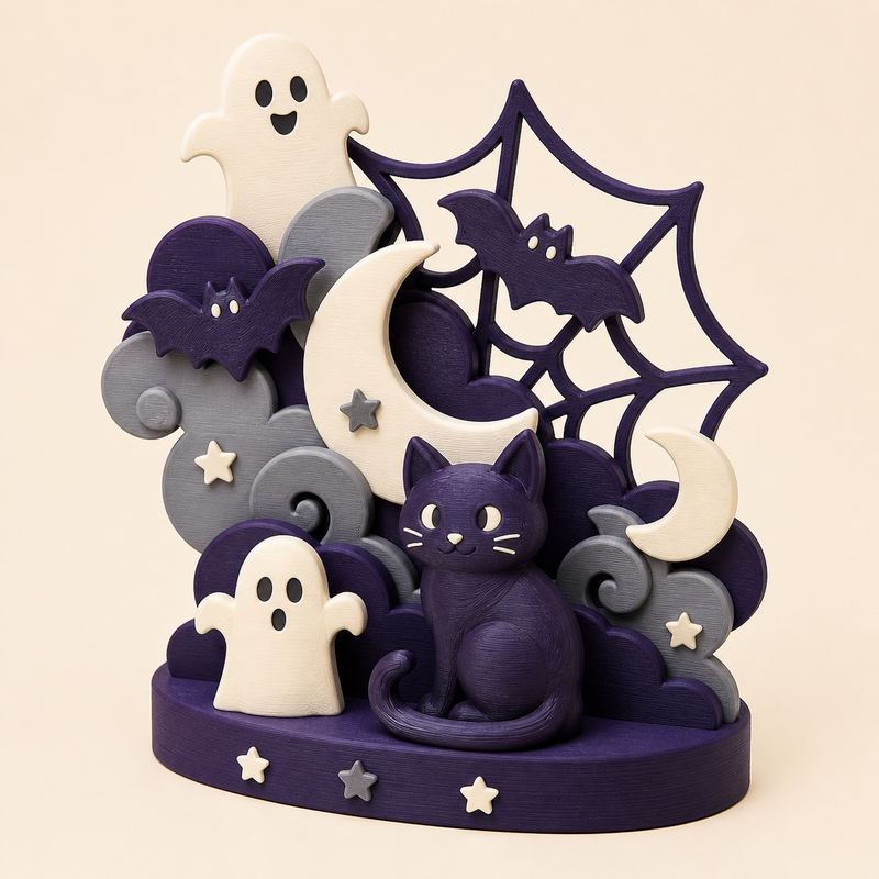Halloween mini-sculpture Ghost Night in 3D printed PETG in dark purple, grey, warm white