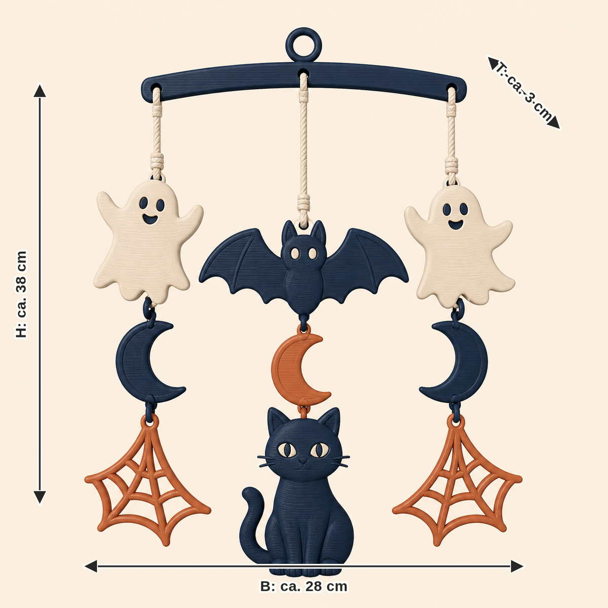 Dimensional image for Halloween mobile spirit dance: width about 28 cm, depth about 3 cm, height about 38 cm