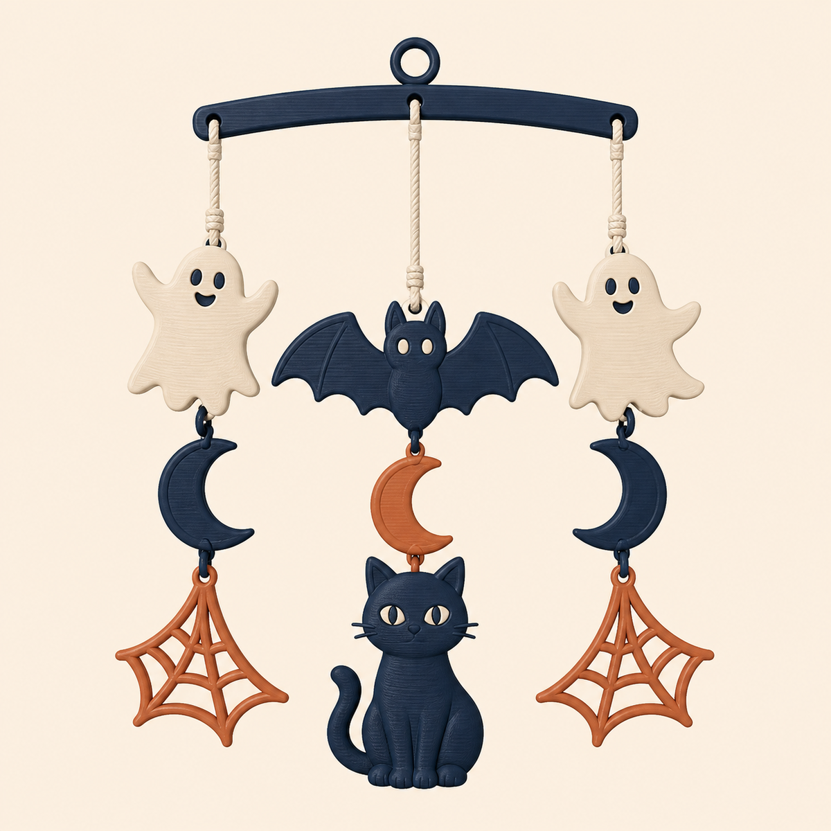 Halloween mobile spirit dance in 3D printed PETG in night blue, terracotta, cream