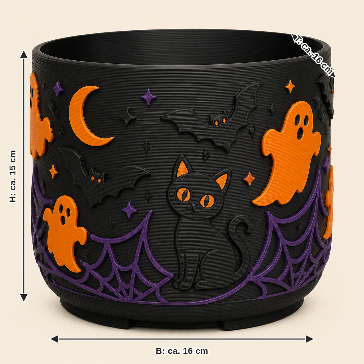 Dimensional image for Halloween planter night pumpkin: width approx. 16 cm, depth approx. 16 cm, height approx. 15 cm