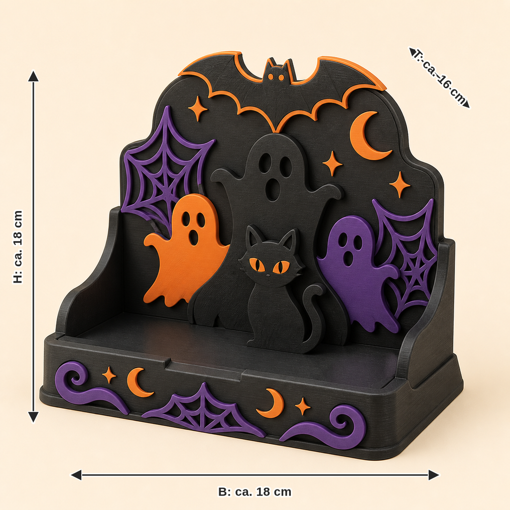 Maßbild für Halloween-Präsentationsständer Spukbühne: Breite ca. 18 cm, Tiefe ca. 16 cm, Höhe ca. 18 cm