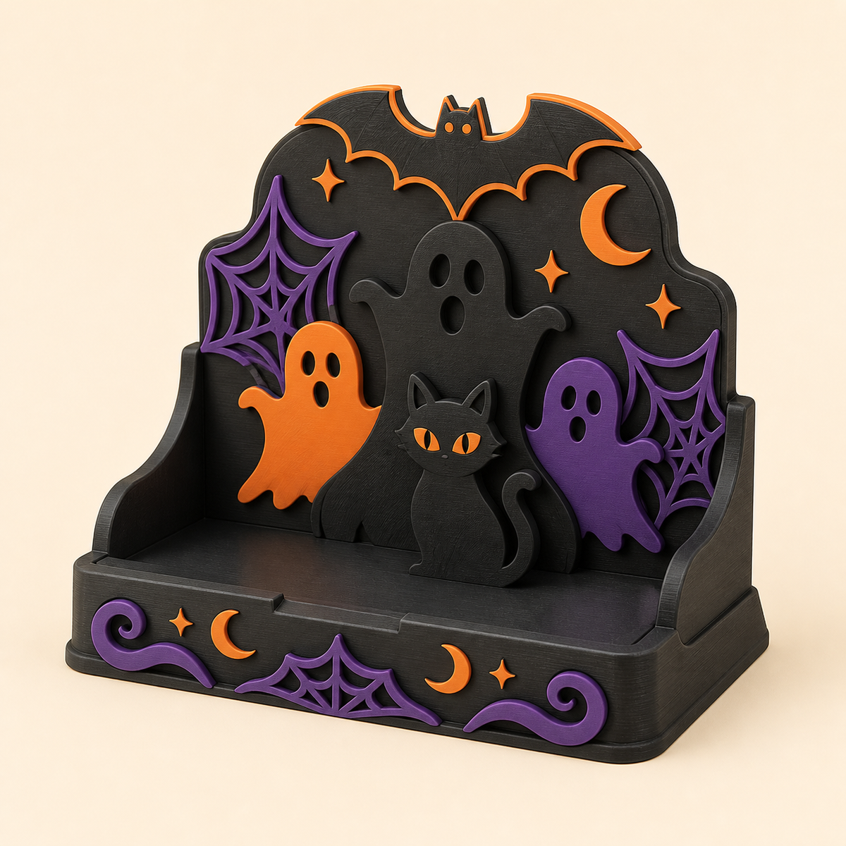Halloween display stand Haunted Stage made from 3D-printed PETG in black, Pumpkin orange, violet