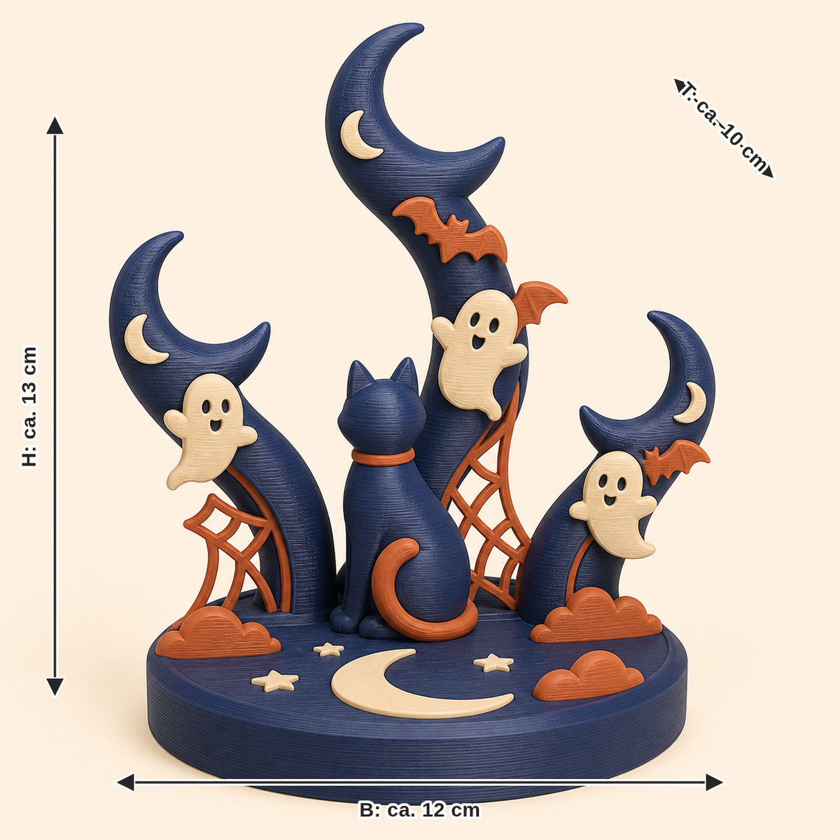 Dimensional picture for Halloween ring holder cat moon: width about 12 cm, depth about 10 cm, height about 13 cm