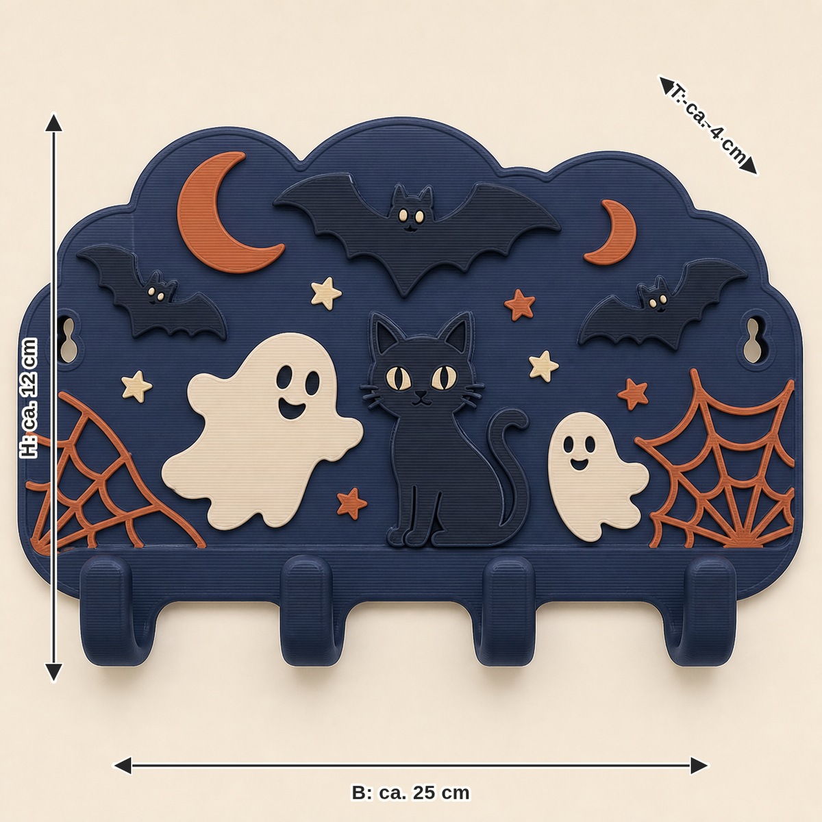 Dimensional picture for Halloween-key rack bat hook: width approx. 25 cm, depth approx. 4 cm, height approx. 12 cm