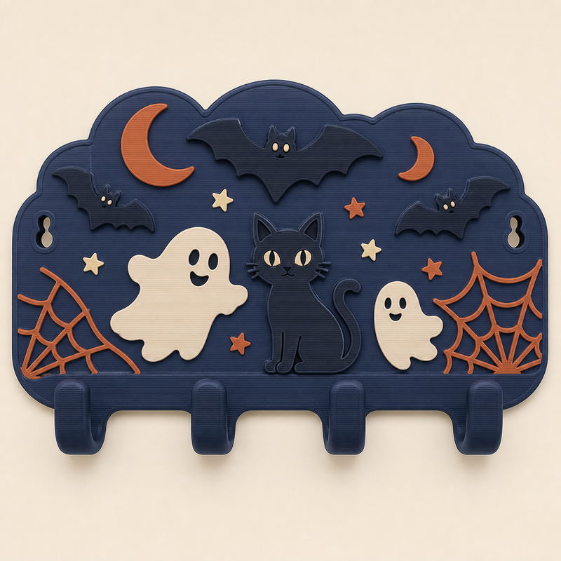 Halloween-key rack bat hook in 3D-printed PETG in night blue, terracotta, cream