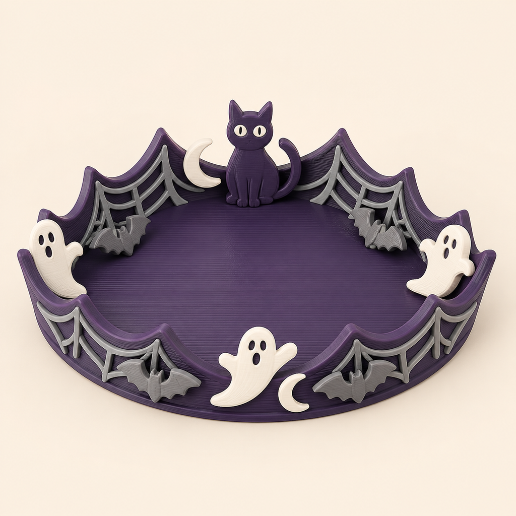 Halloween-Schmuckschale Spinnennetzrand aus 3D-gedrucktem PETG in Dunkelviolett, Grau, Warmweiß