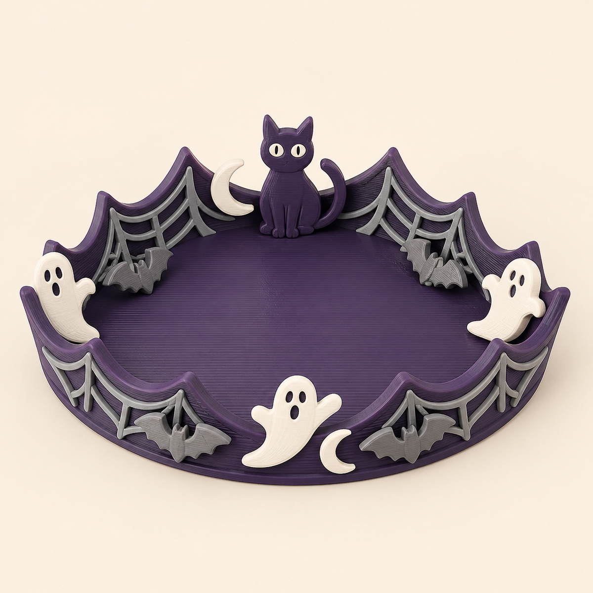 Halloween jewellery dish spider net edge in 3D printed PETG in dark purple, grey, warm white