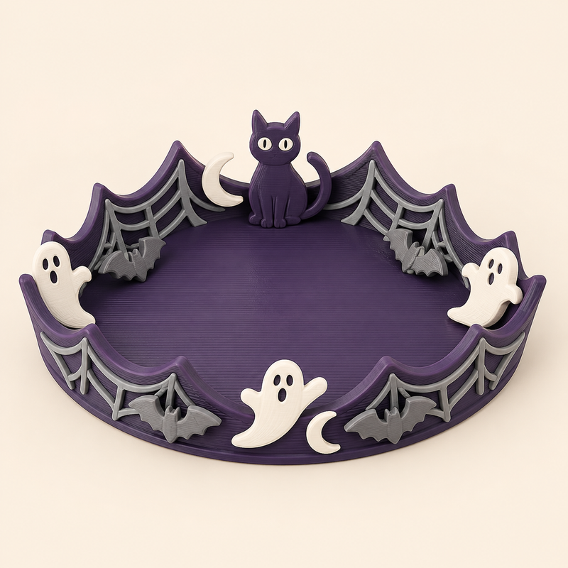 Halloween-Schmuckschale Spinnennetzrand aus 3D-gedrucktem PETG in Dunkelviolett, Grau, Warmweiß
