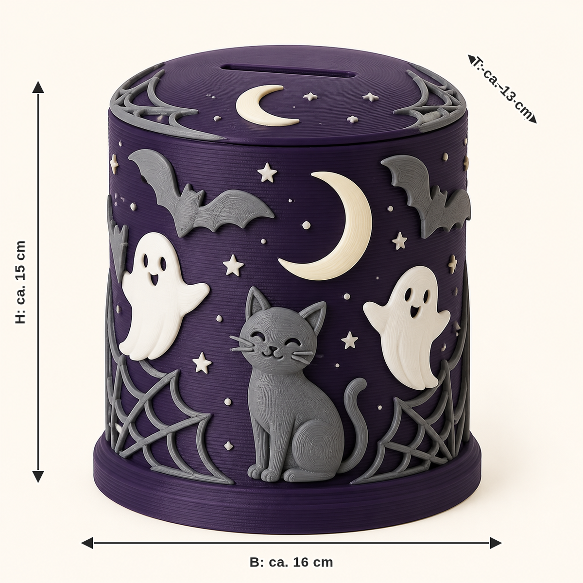 Dimensional image for Halloween-money box Moon slot: width approx. 16 cm, depth approx. 13 cm, height approx. 15 cm