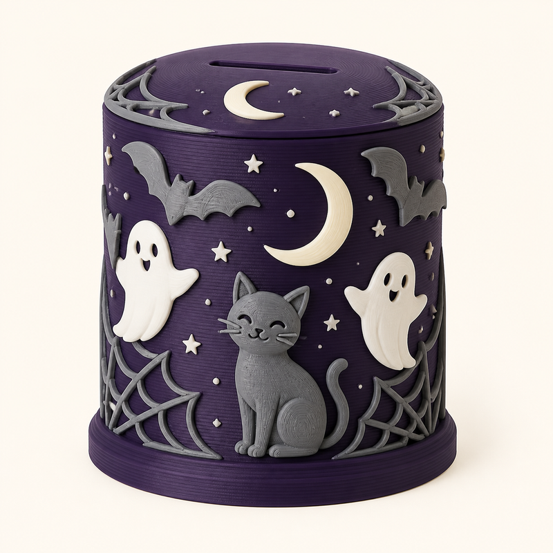 Halloween-Sparbüchse Mondschlitz aus 3D-gedrucktem PETG in Dunkelviolett, Grau, Warmweiß