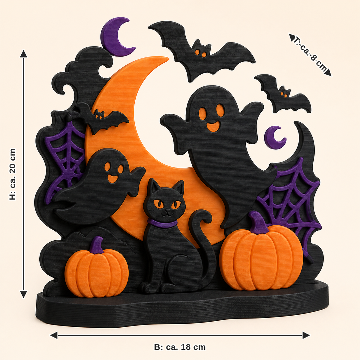 Maßbild für Halloween-Tischaufsteller Kürbisnacht: Breite ca. 18 cm, Tiefe ca. 8 cm, Höhe ca. 20 cm