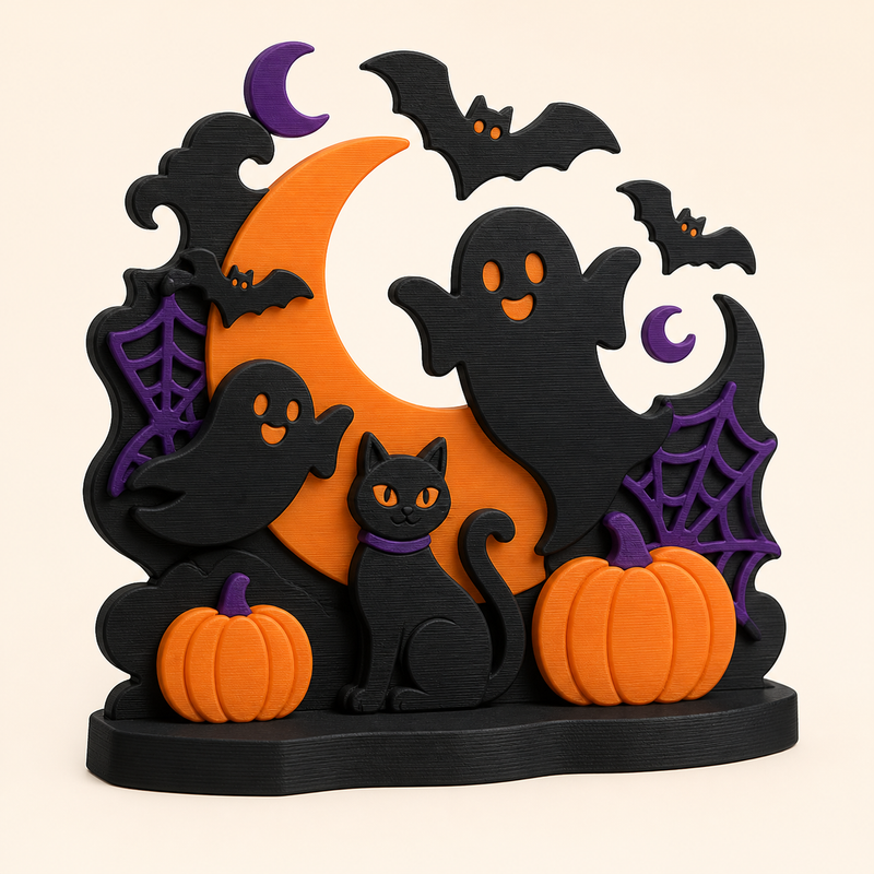 Halloween table display in 3D printed PETG in black, Pumpkin orange, violet