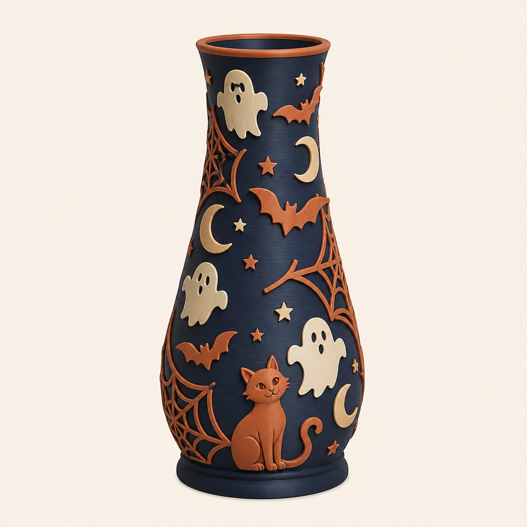 Halloween-Trockenblumen-Vase Geisterstiel aus 3D-gedrucktem PETG in Nachtblau, Terrakotta, Creme