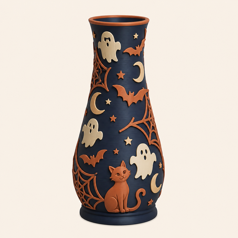 Halloween-Trockenblumen-Vase Geisterstiel aus 3D-gedrucktem PETG in Nachtblau, Terrakotta, Creme