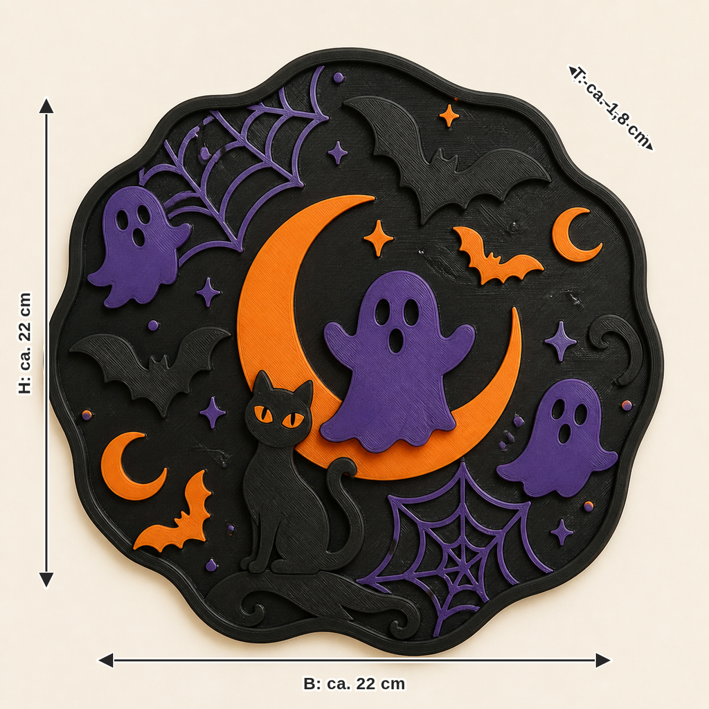 Maßbild für Halloween-Wandrelief Spukmond: Breite ca. 22 cm, Tiefe ca. 1.8 cm, Höhe ca. 22 cm