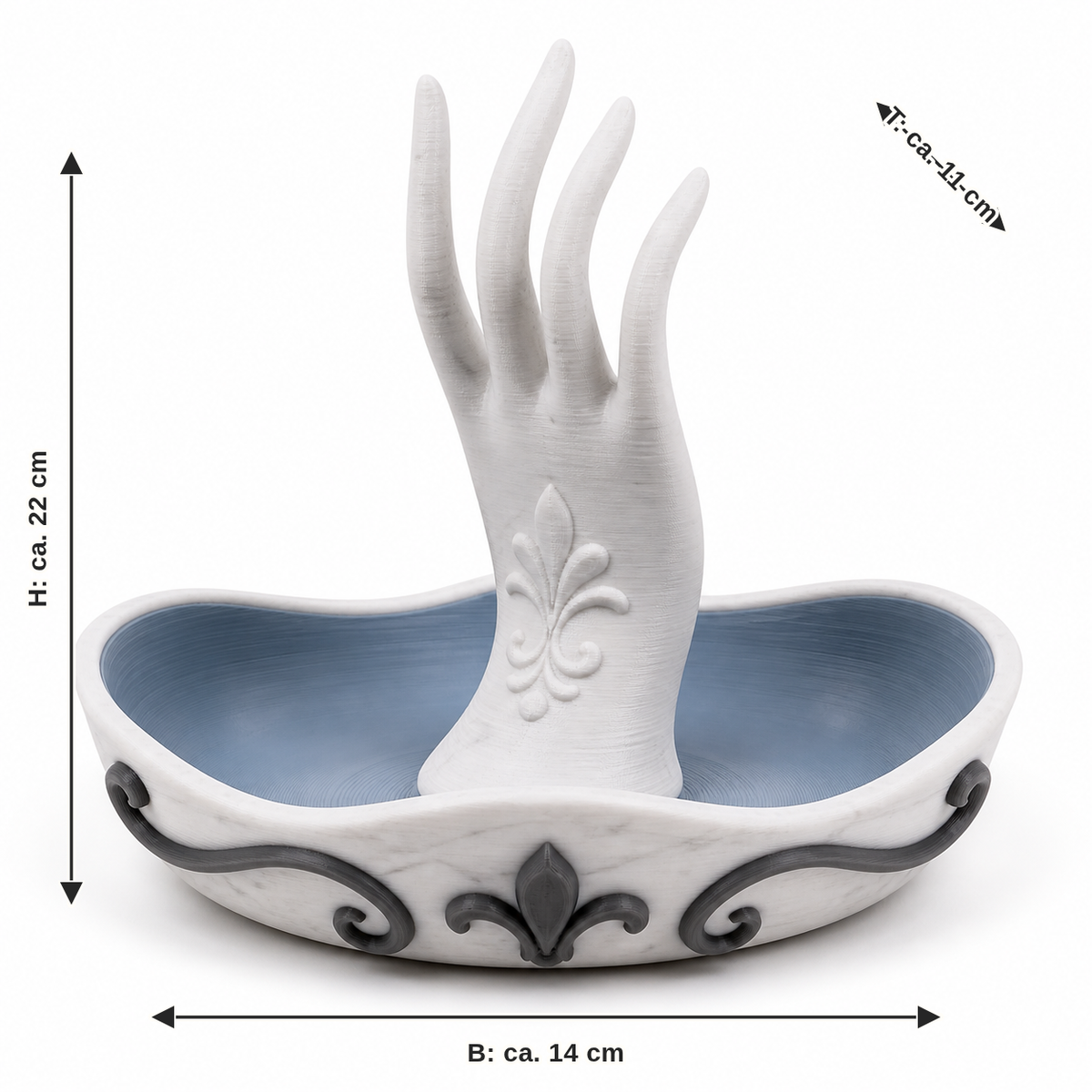 Maßbild für Handförmiger Ringhalter in einer Wellenschale: Breite ca. 14 cm, Tiefe ca. 11 cm, Höhe ca. 22 cm