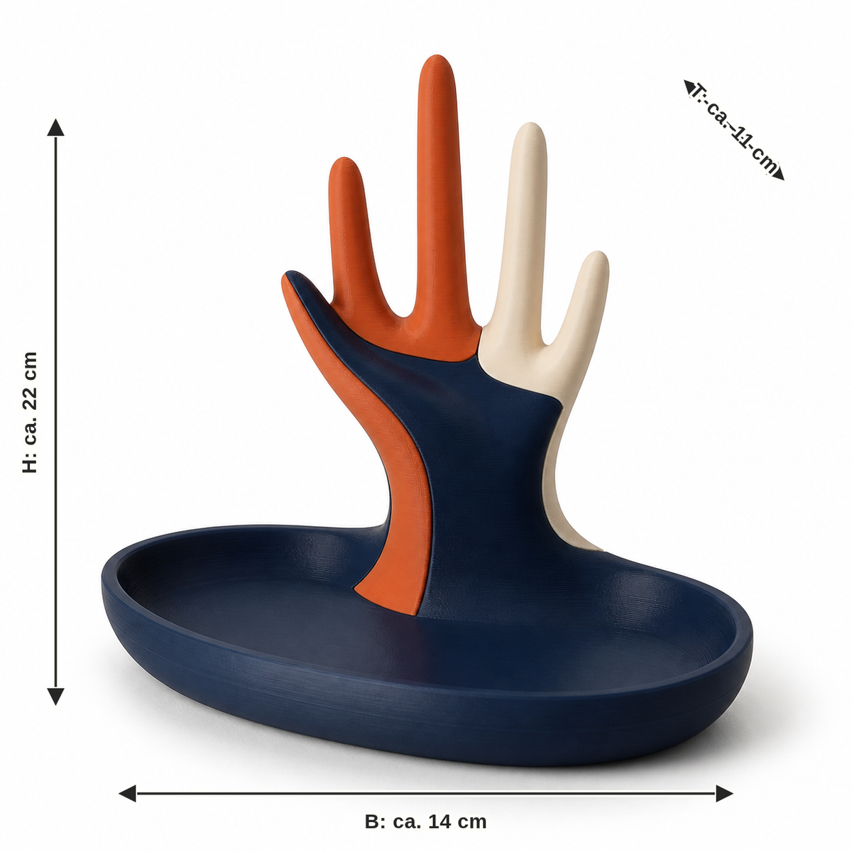 Maßbild für Handförmiger Ringhalter in Navy und Terrakotta: Breite ca. 14 cm, Tiefe ca. 11 cm, Höhe ca. 22 cm