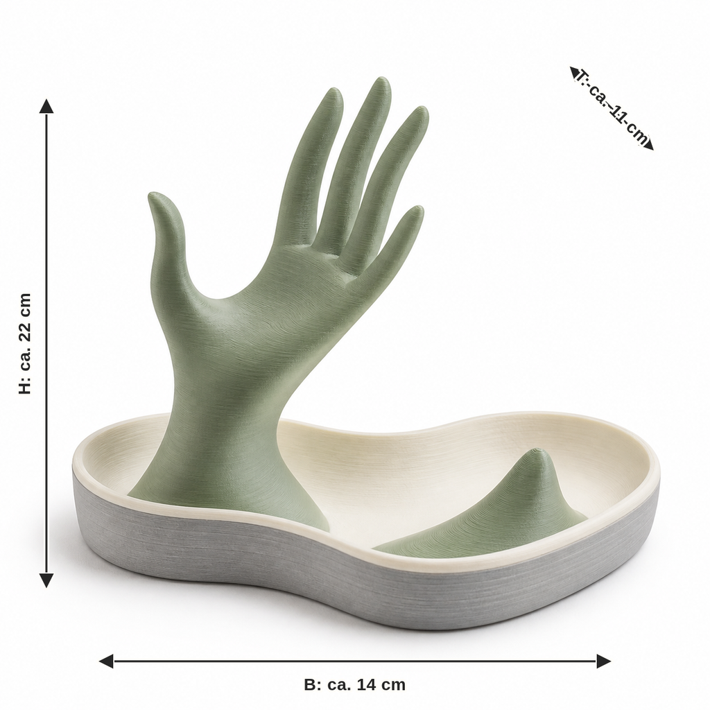 Maßbild für Handförmiger Ringhalter in Salbeigrün: Breite ca. 14 cm, Tiefe ca. 11 cm, Höhe ca. 22 cm