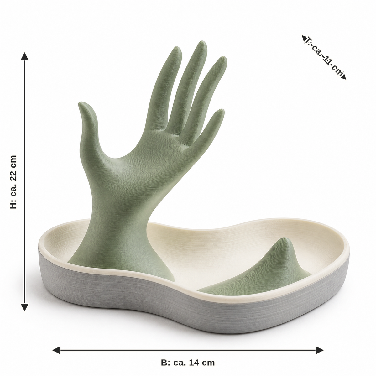 Maßbild für Handförmiger Ringhalter in Salbeigrün: Breite ca. 14 cm, Tiefe ca. 11 cm, Höhe ca. 22 cm