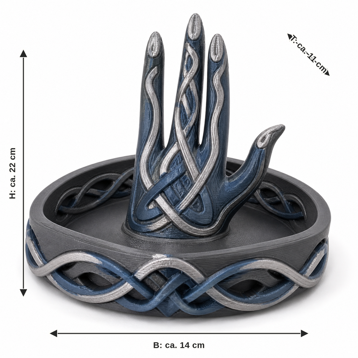 Maßbild für Handförmiger Ringhalter mit Flechtrelief: Breite ca. 14 cm, Tiefe ca. 11 cm, Höhe ca. 22 cm