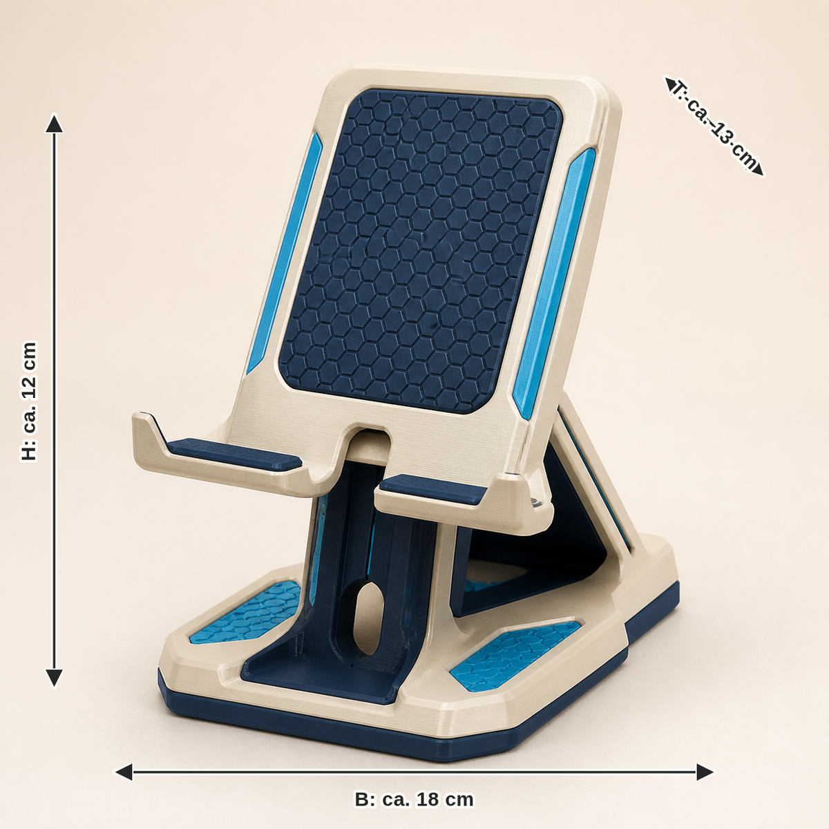 Maßbild für Handy- und Tabletständer Blickwinkel – Futuristisch: Breite ca. 18 cm, Tiefe ca. 13 cm, Höhe ca. 12 cm