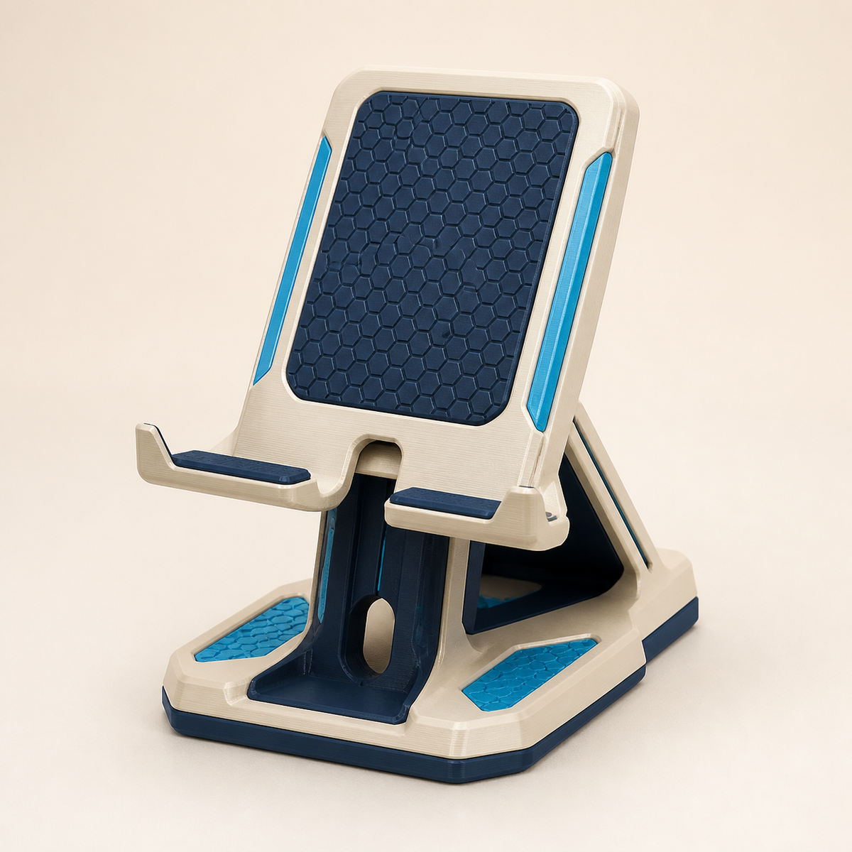 Handy- und Tabletständer Blickwinkel im Stil Futuristisch aus 3D-gedrucktem PETG in Creme, Dunkelblau, Cyan