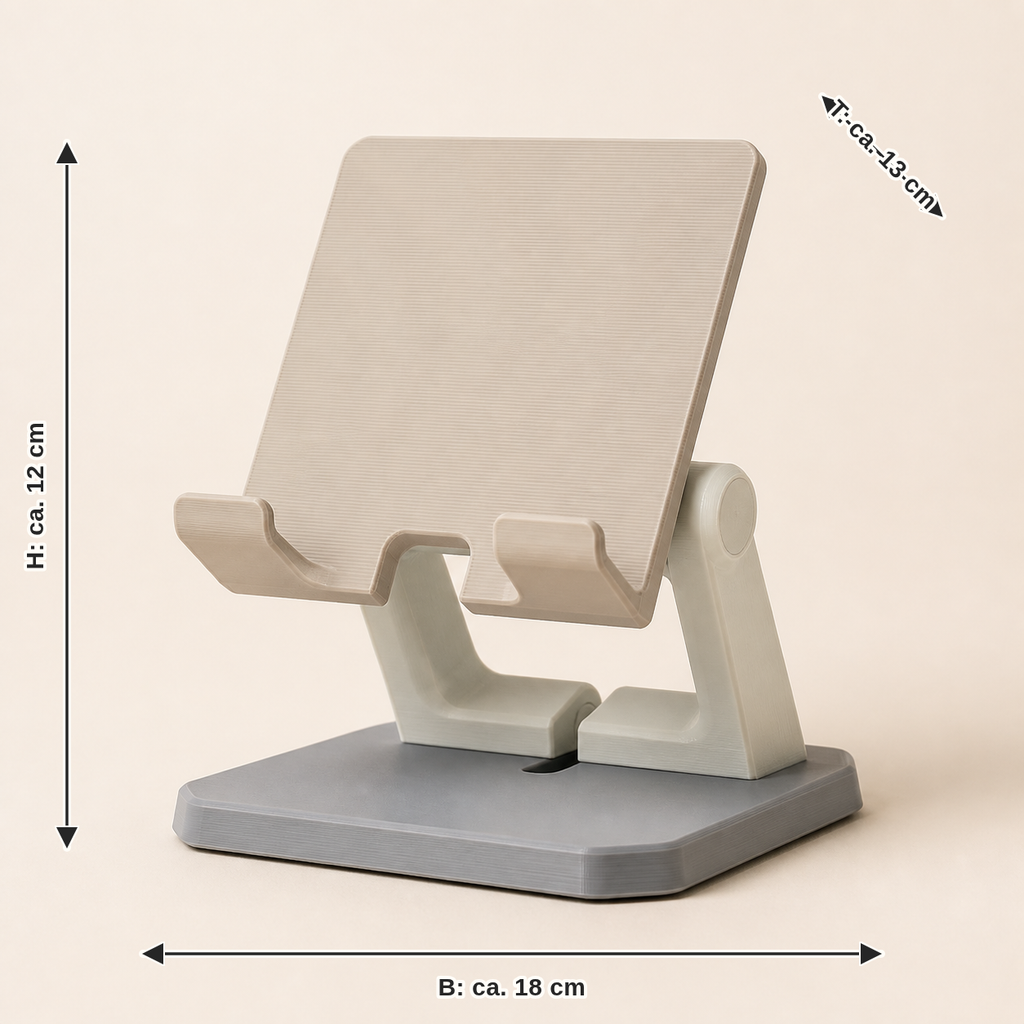 Measurement for mobile phone and tablet stand Viewing angle – minimalist: width approx. 18 cm, depth approx. 13 cm, height approx. 12 cm