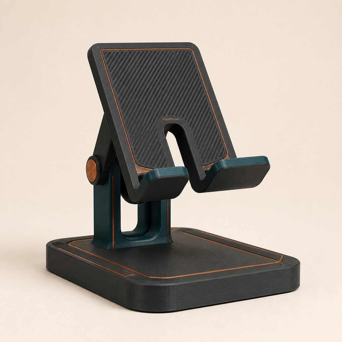Modern 3D printed PETG mobile phone and tablet stand in anthracite, teal, copper