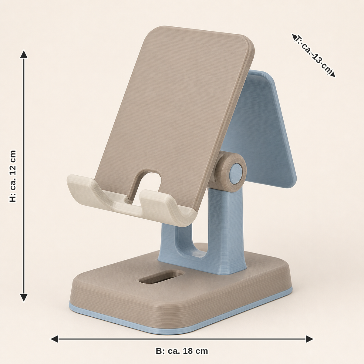 Dimensional image for mobile phone and tablet stands Viewing angle – Serene: width approx. 18 cm, depth approx. 13 cm, height approx. 12 cm