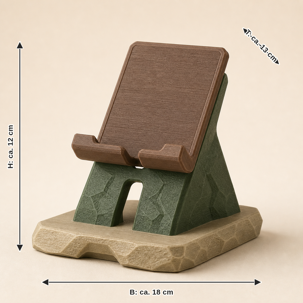 Measurement for mobile phone and tablet stands Viewing angle – Rustic: width approx. 18 cm, depth approx. 13 cm, height approx. 12 cm