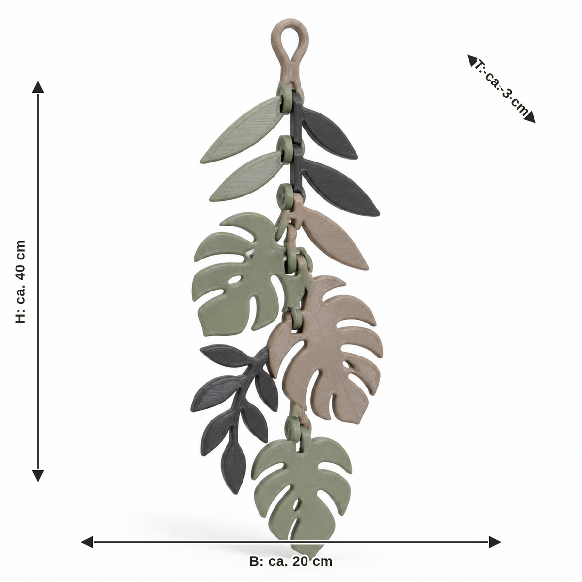 Dimensional image for hanging decoration with loose leaf chain: width approx. 20 cm, depth approx. 3 cm, height approx. 40 cm