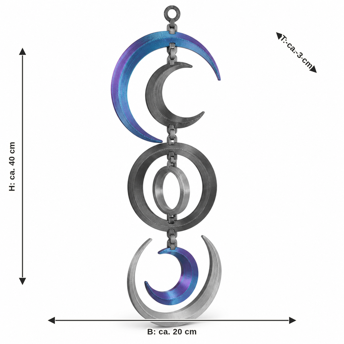 Dimensional image for hanging decoration with moon phase motif – Futuristic: width approx. 20 cm, depth approx. 3 cm, height approx. 40 cm