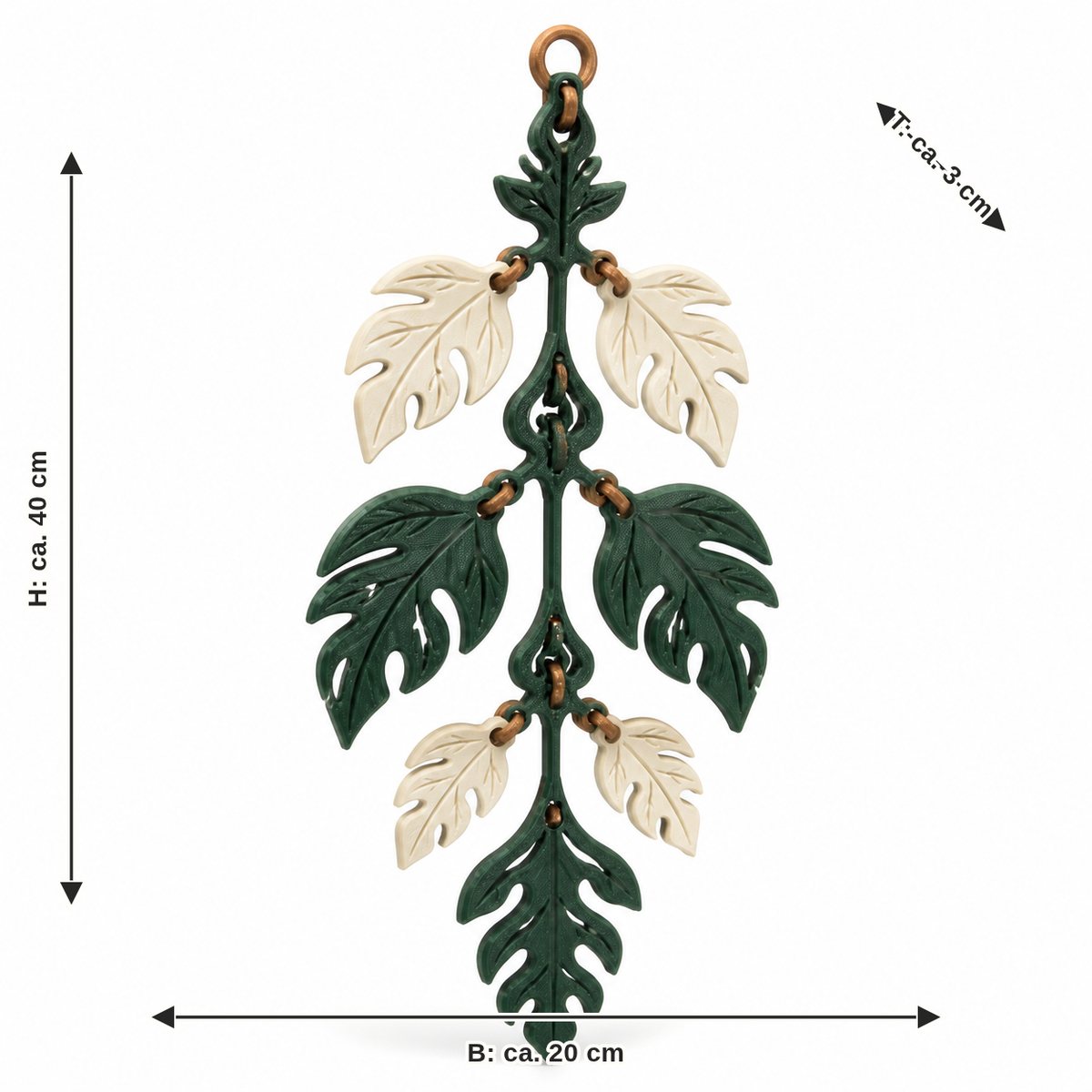 Dimensional image for hanging decoration with mythical leaf chain: width approx. 20 cm, depth approx. 3 cm, height approx. 40 cm
