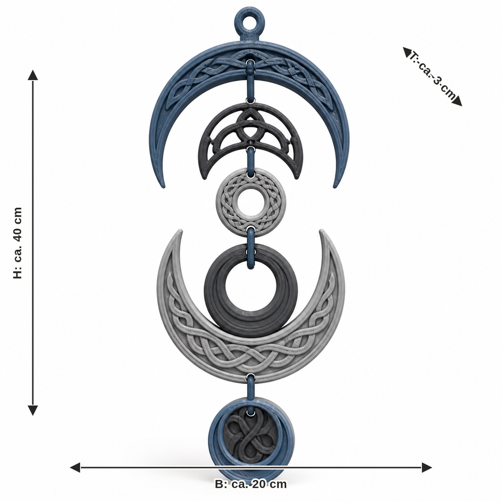 Dimensional image for hanging decoration with Nordic lunar phases: width approx. 20 cm, depth approx. 3 cm, height approx. 40 cm