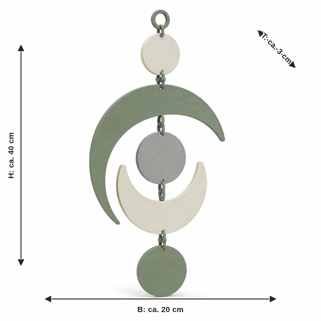 Dimensional image for hanging decoration with calm phases of the moon: width about 20 cm, depth about 3 cm, height about 40 cm