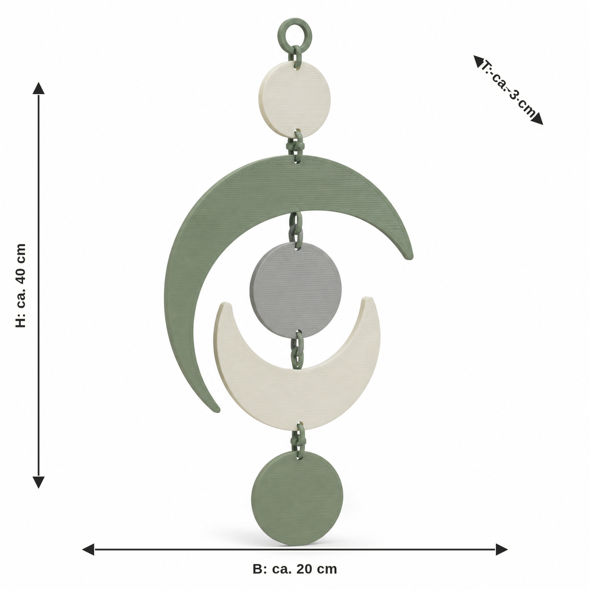 Dimensional image for hanging decoration with calm phases of the moon: width about 20 cm, depth about 3 cm, height about 40 cm